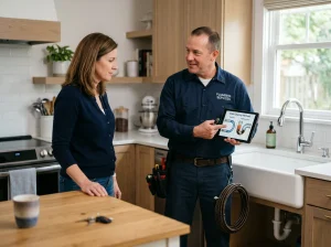 A Prodigy Sewer and Drain plumber explains a drain issue to a customer using a tablet in her kitchen.