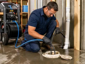 Prodigy Sewer and Drain worker uses a machine to fix a basement pipe clog, showing safe and skilled service.