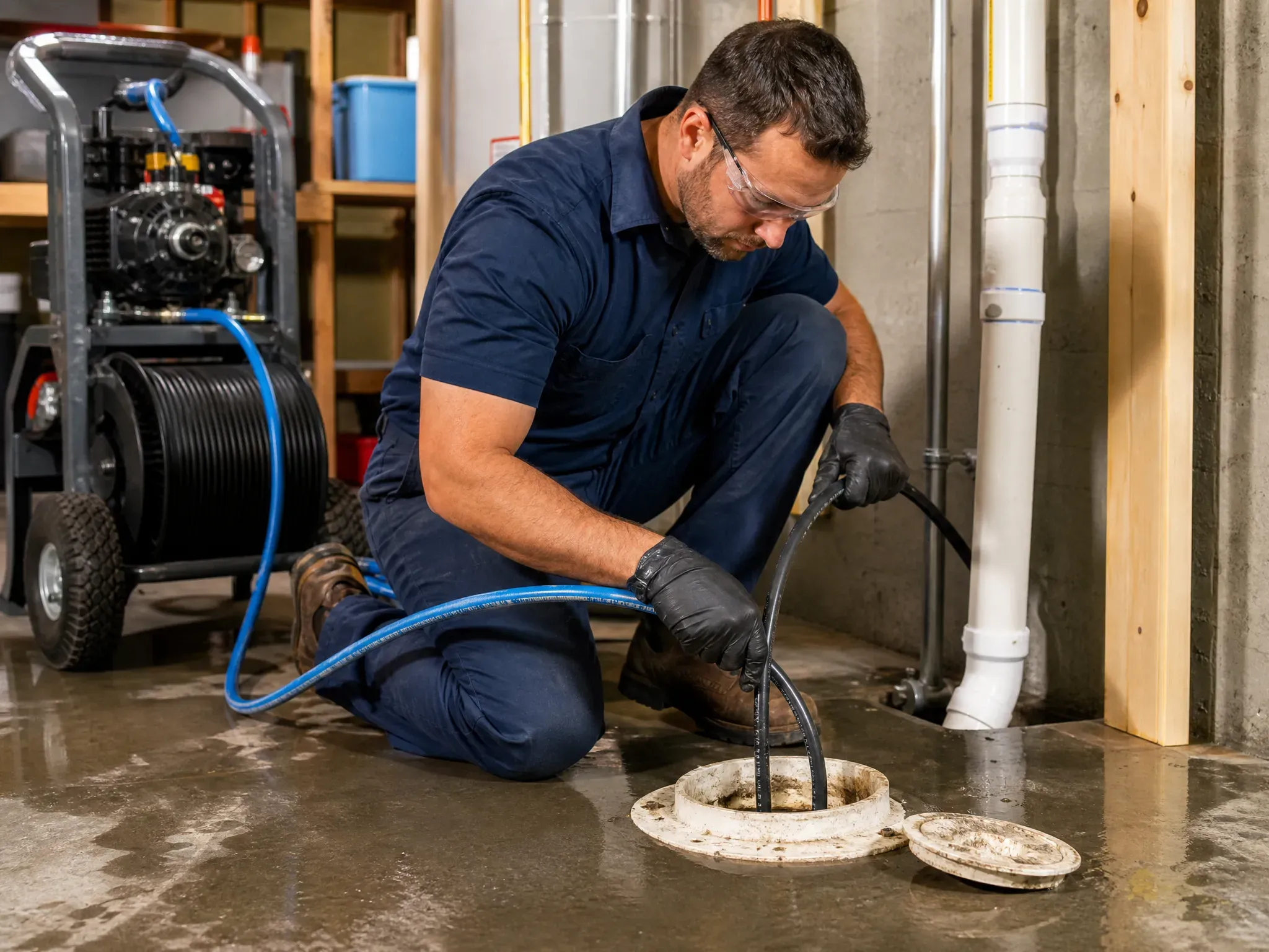 Prodigy Sewer and Drain worker uses a machine to fix a basement pipe clog, showing safe and skilled service.
