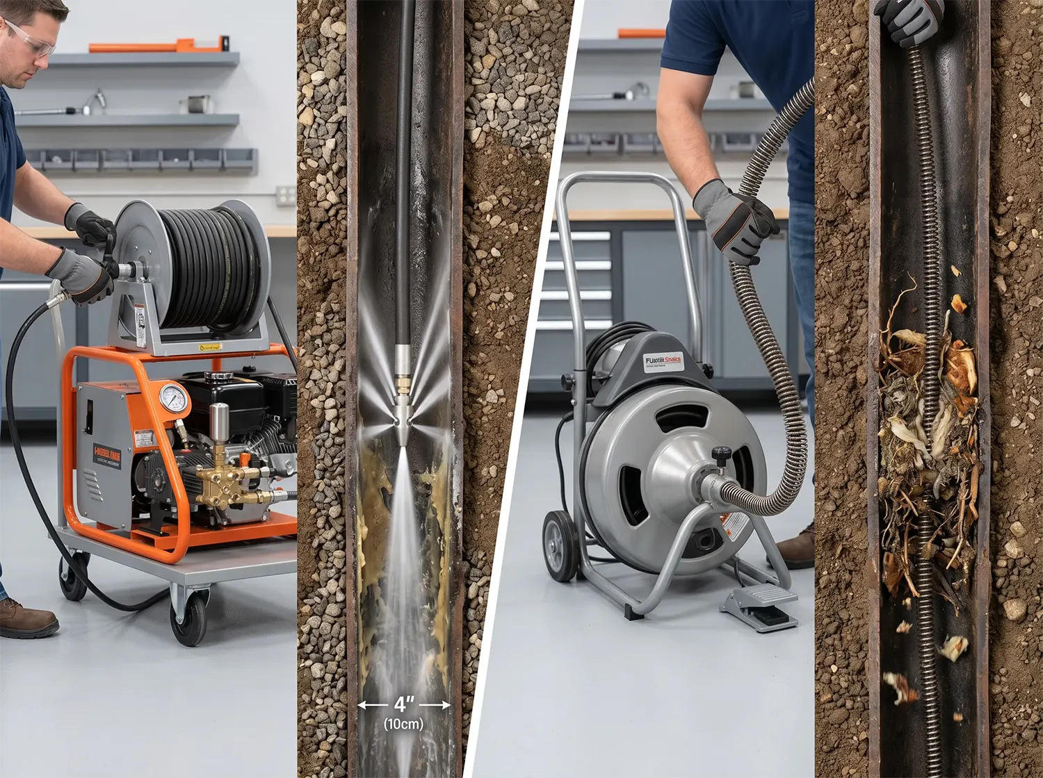 Prodigy Sewer and Drain shows two ways to clear pipes, using high-pressure water and a spinning cable for tough clogs.