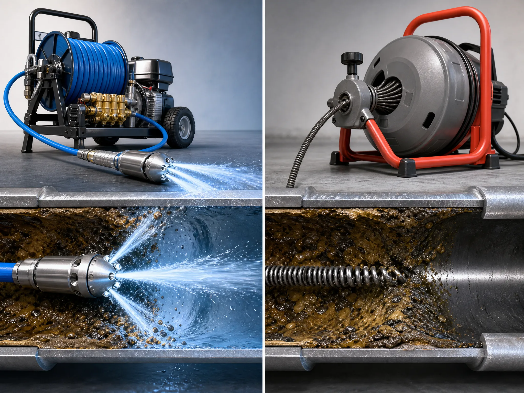 Prodigy Sewer and Drain compares water jetting and a drain snake, showing two ways to clear clogs from pipes.