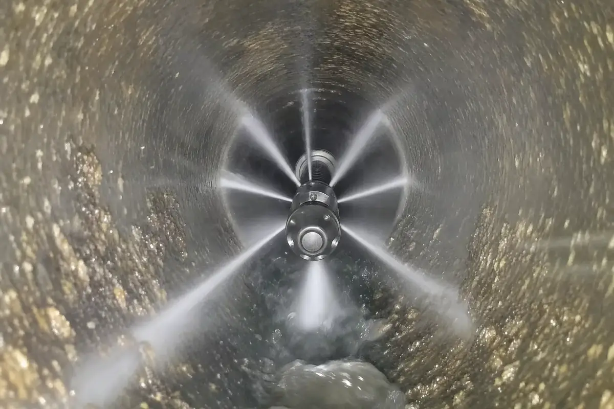 Prodigy Sewer and Drain uses a rotary jet nozzle to powerfully clean inside pipes with high-pressure water.