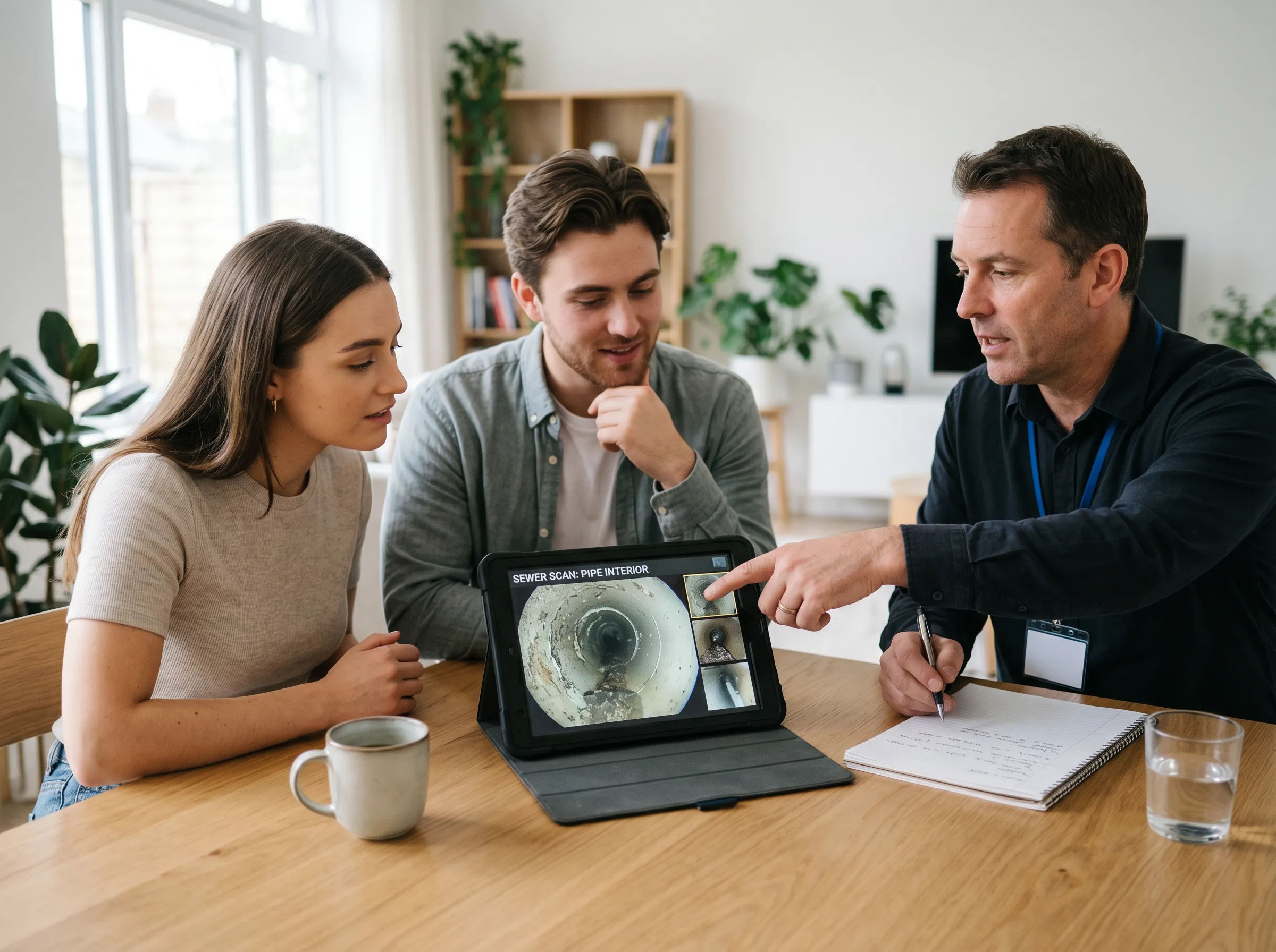 A Prodigy Sewer and Drain worker explains sewer scan results on a tablet to a couple during a friendly consultation.