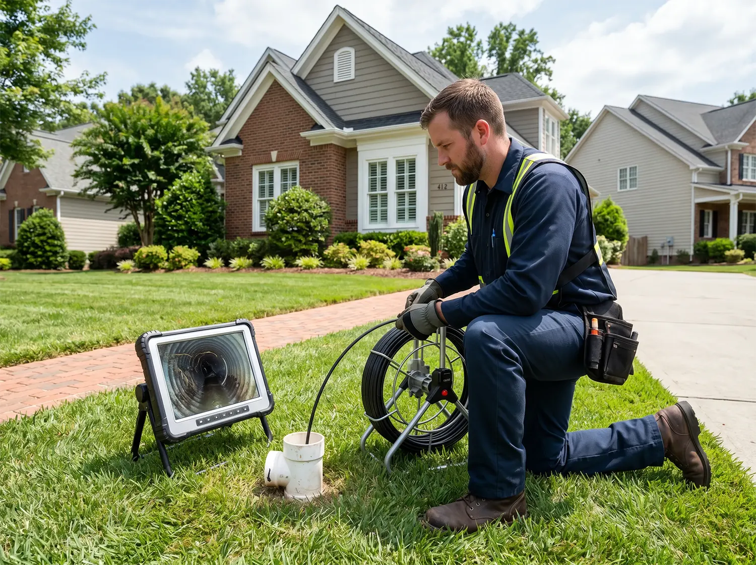 A Prodigy Sewer and Drain worker checks a home’s sewer pipe with a camera, showing professional pipe inspection service.