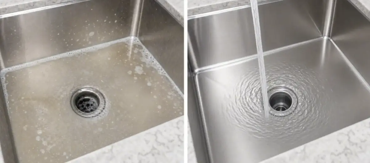 A Prodigy Sewer and Drain sink cleaning shows the clear difference between a dirty and a freshly cleaned sink.