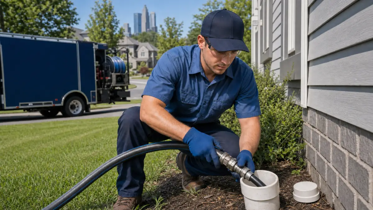 A Prodigy Sewer and Drain worker helps fix a home's drain using special equipment and their service truck.