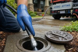 Prodigy Sewer and Drain worker uses equipment to clear a water drain at a home, with their service truck nearby.
