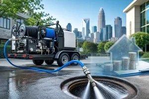Prodigy Sewer and Drain cleaning a city sidewalk to help protect homes and save money.
