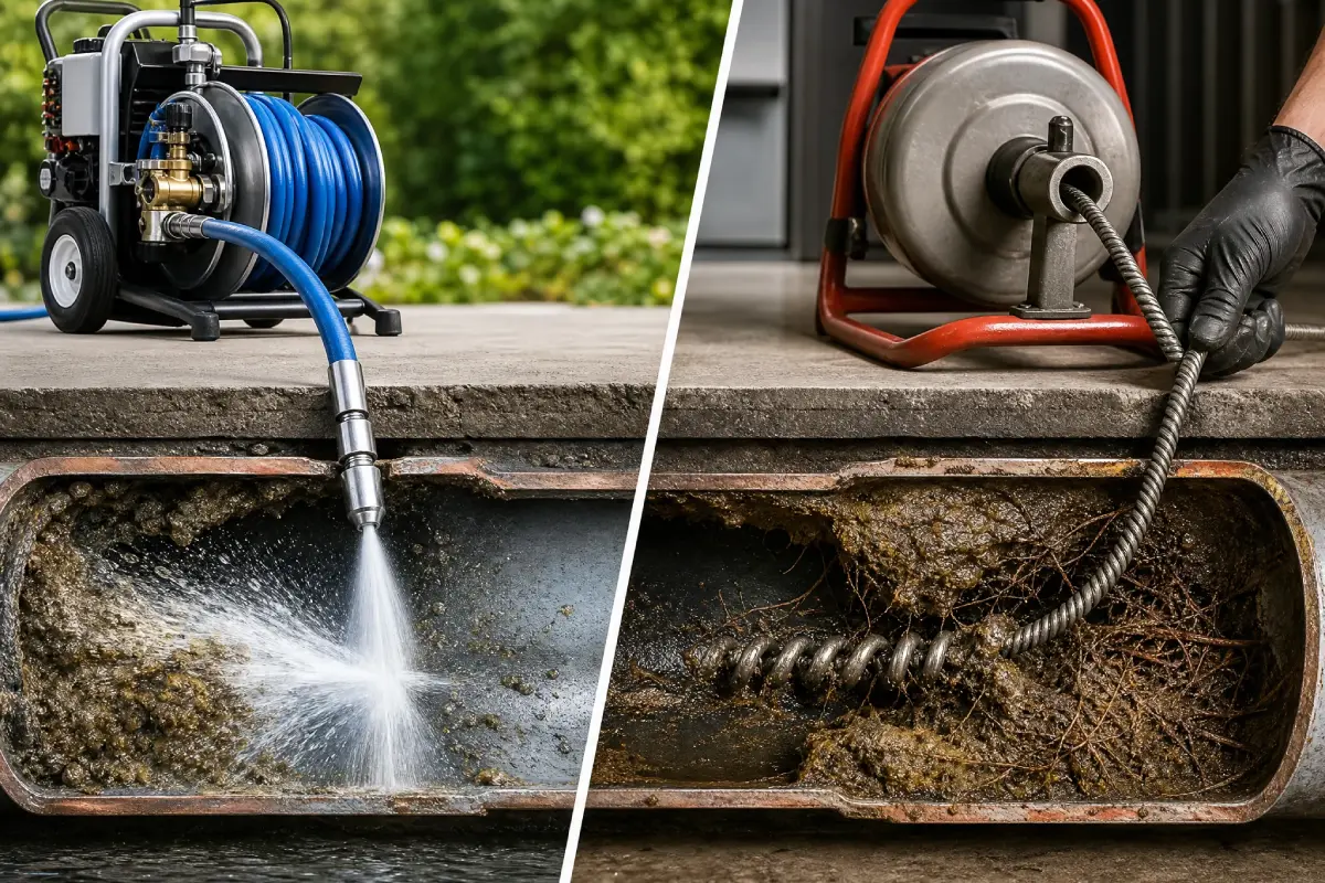 Prodigy Sewer and Drain shows pipe cleaning with water jetting and using a plumbing snake to clear tough clogs.