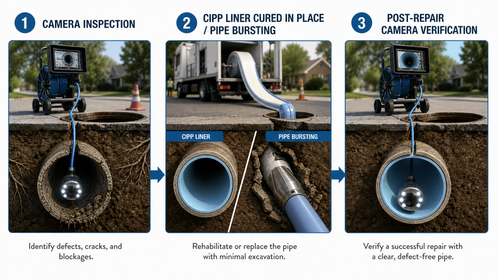 Pipeworks Plumbing’s three-step pipe repair ensures pipes are fixed and checked for complete repair. Pipeworks Plumbing’s three-step pipe repair ensures pipes are fixed and checked for complete repair.