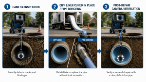 Prodigy Sewer and Drain’s three-step pipe repair ensures pipes are fixed and checked for complete repair.