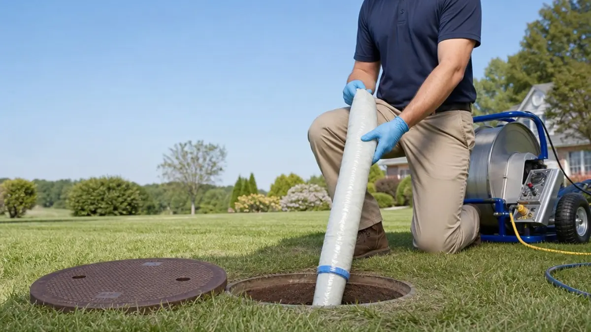 A Prodigy Sewer and Drain worker gets ready to fix an underground pipe near a house using professional tools.