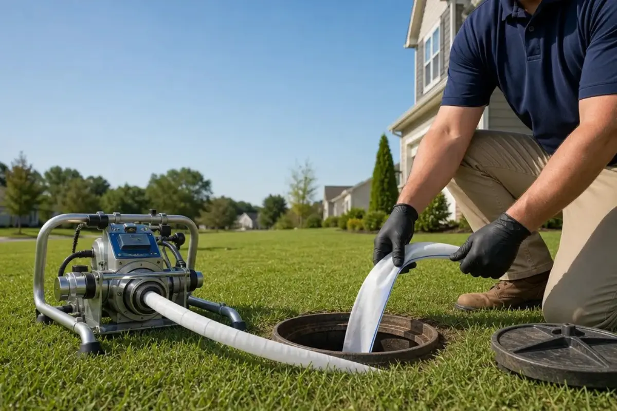 Prodigy Sewer and Drain technician services a home's septic tank to keep the system working well.