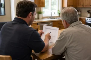 Two men discuss a document at a table, showing teamwork and planning at Prodigy Sewer and Drain.