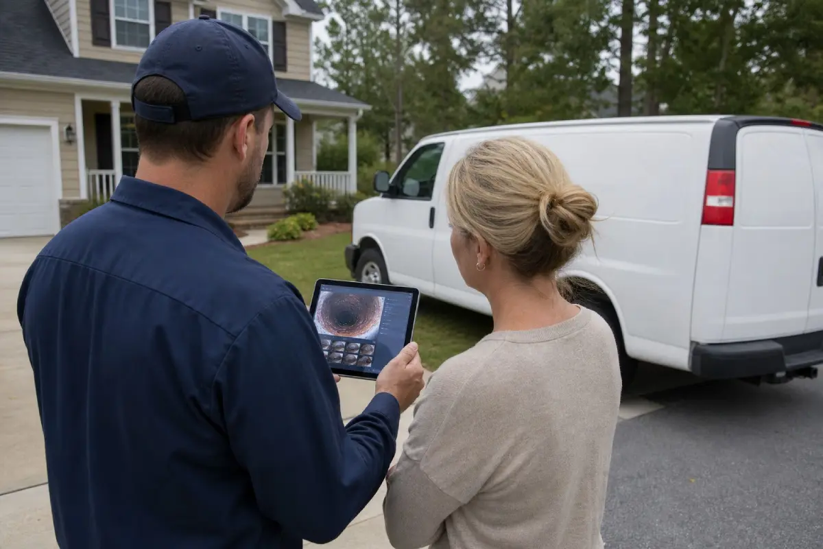 A Prodigy Sewer and Drain tech explains inspection results on a tablet to a customer outside her home.