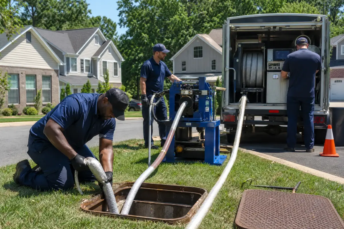Prodigy Sewer and Drain team works together to fix a manhole, showing teamwork and service in a neighborhood.