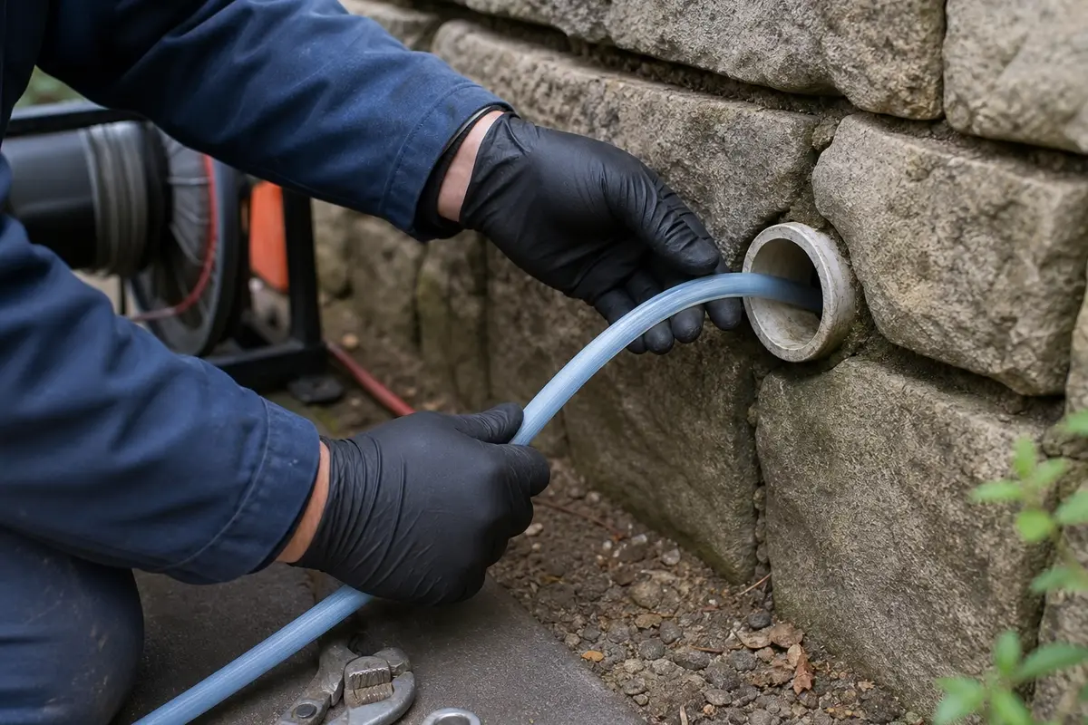 Prodigy Sewer and Drain team member uses equipment to clear a pipe in a wall during routine plumbing service.