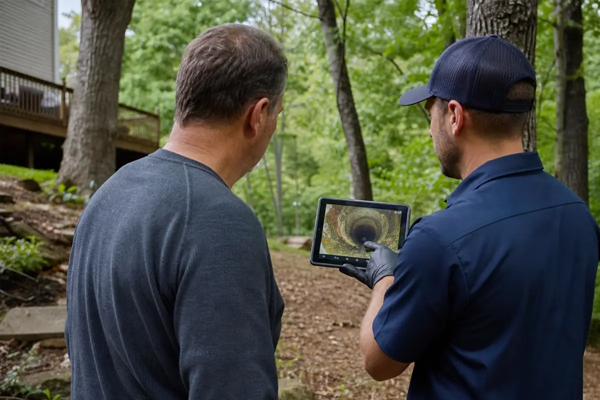 Prodigy Sewer and Drain team checks pipe images on a tablet to inspect plumbing outside in a wooded area.