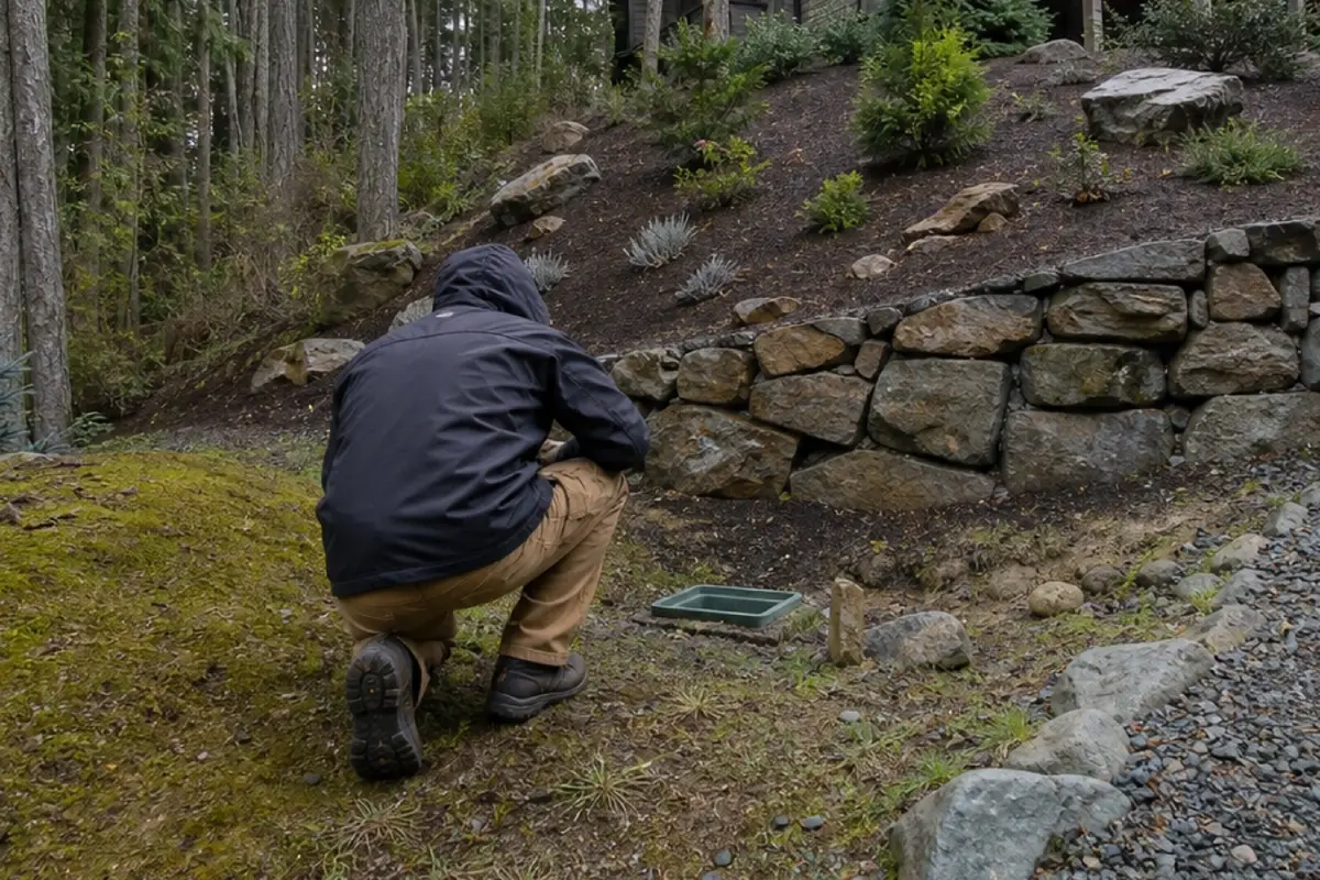 A Prodigy Sewer and Drain worker checks equipment on a hillside, showing reliable service in outdoor areas.